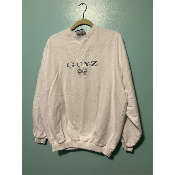 Gimmie International Med/Lrg Sweatshirt White Guyz Logo Made USA Vtg Embroidered - Picture 1 of 7